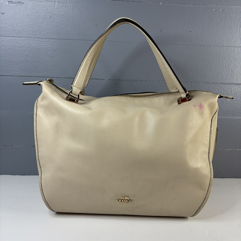 COACH SMYTHE SATCHEL 32405 Natural Beige Leather Handbag Bag 2 Handles - Picture 1 of 16